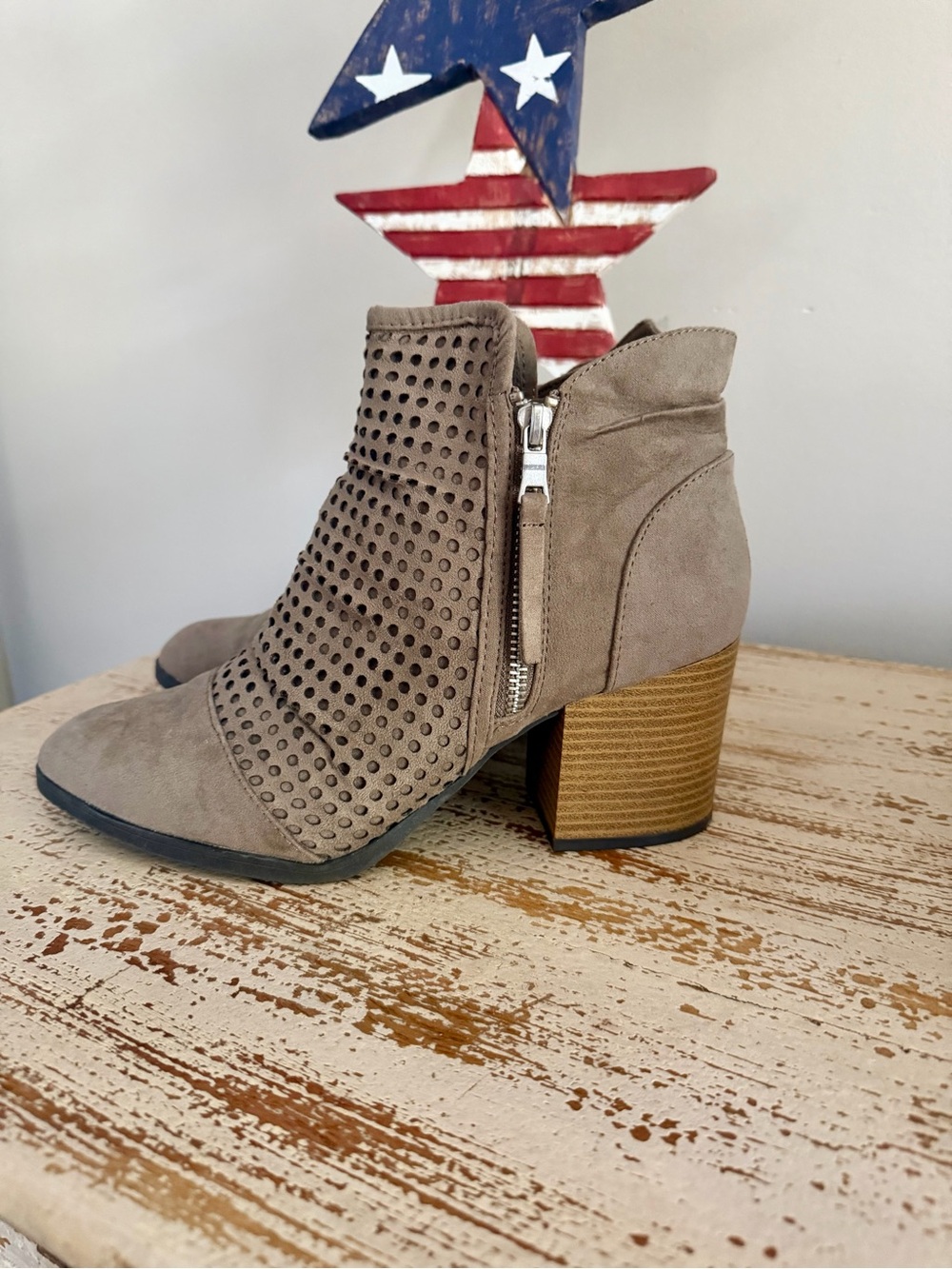 Cupid Taupe Perforated Suede Ankle Bootie with Side Zip